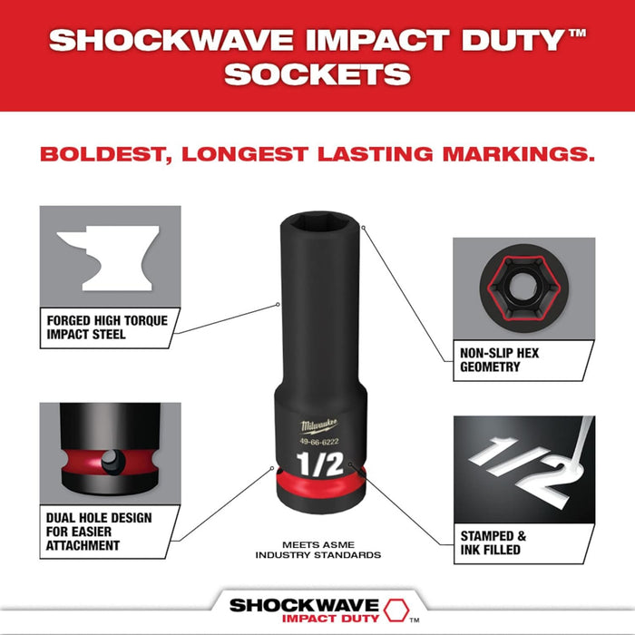 Milwaukee 49-66-6220 Shockwave Impact Duty 1/2 Drive 3/8 Deep 6 Point Socket