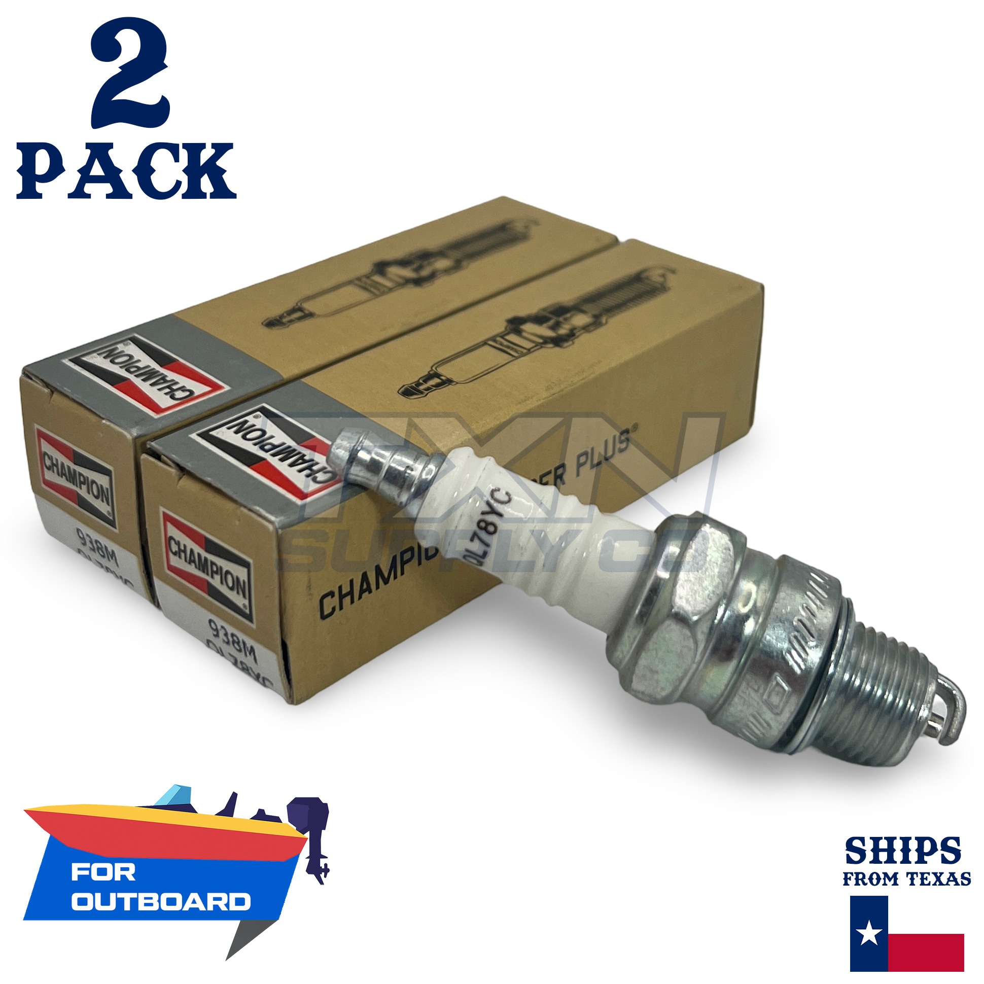 2 Pack Champion Spark Plug - For 1989-2001 Johnson 50 2-Cyl Outboard