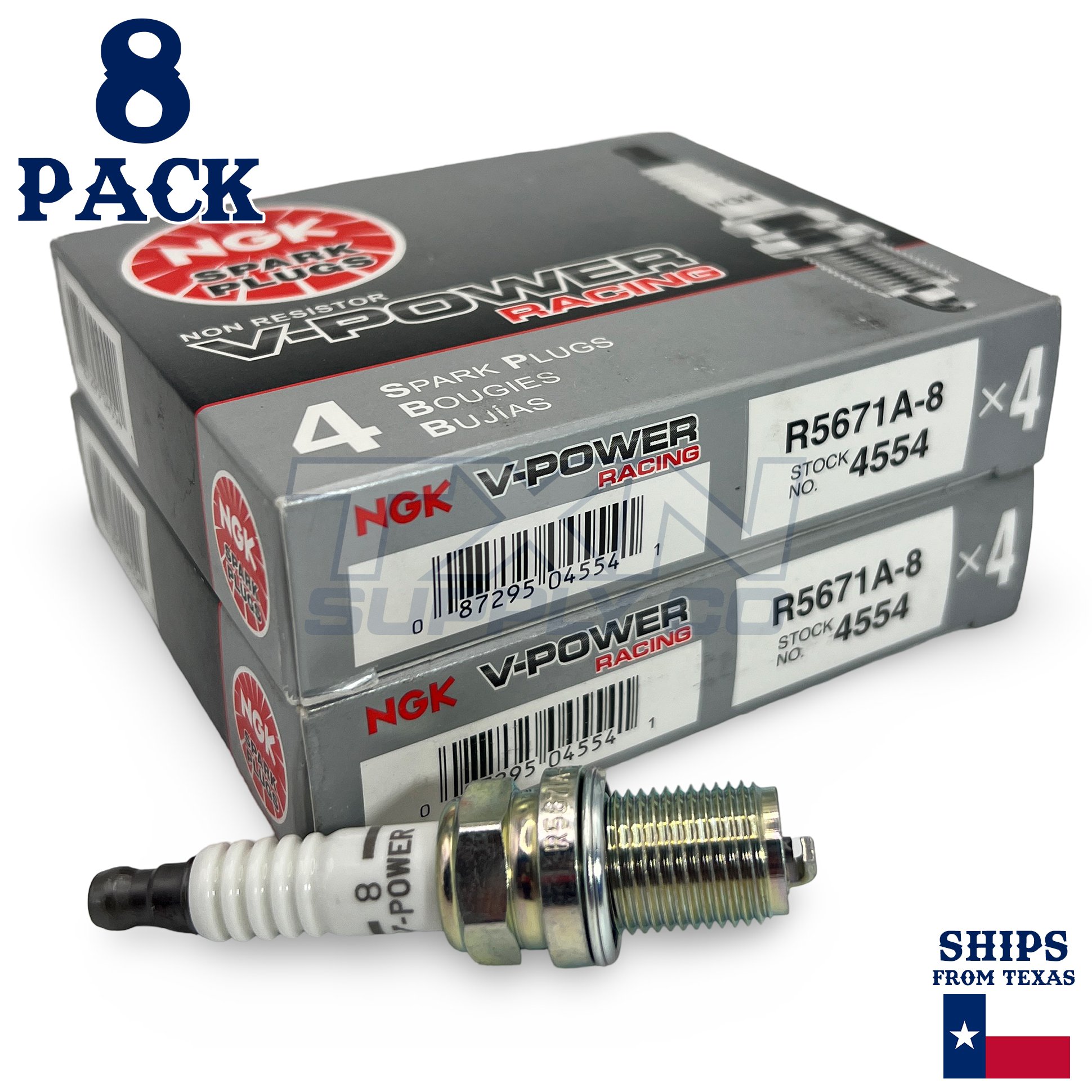 NGK R5671A-9 Racing Spark Plugs Stock 4554 Nickel Core V-Power - 8 Pack - Image 1